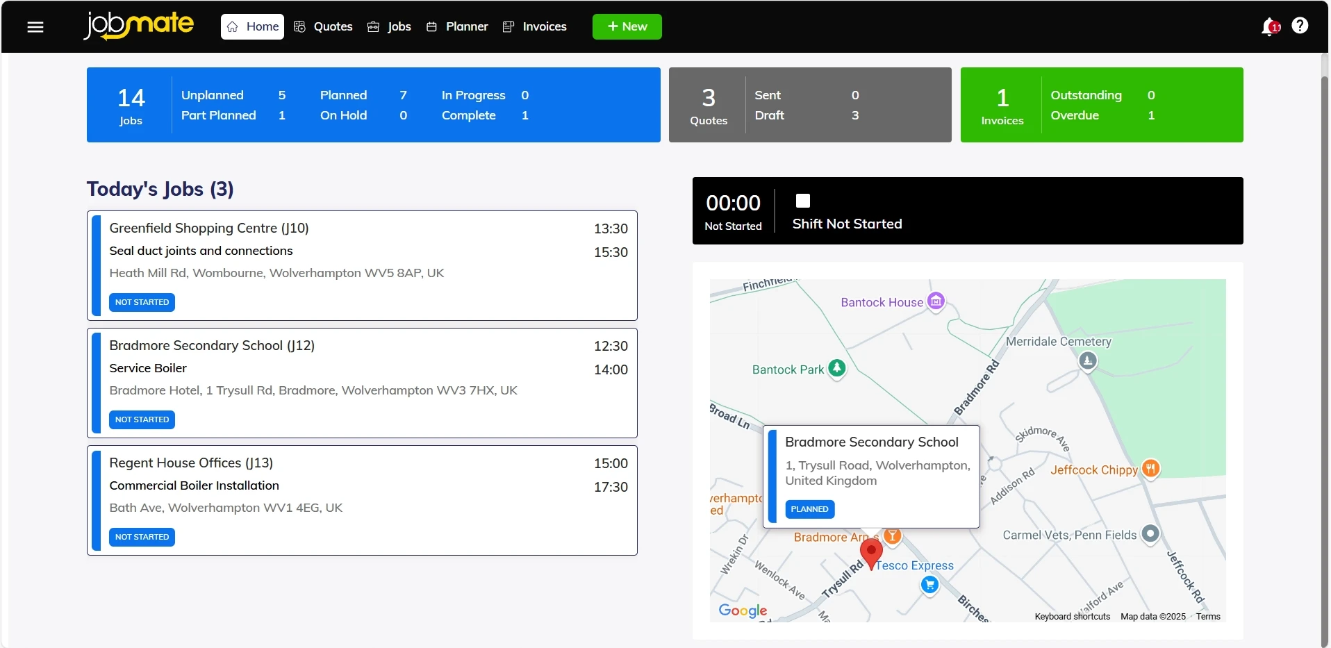 The jobmate dashboard: jobs by status, quotes, invoices and today's jobs on a map